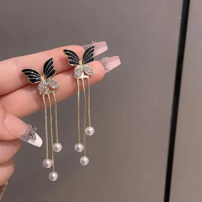 Crystal Black Butterfly Long Tassel Earrings